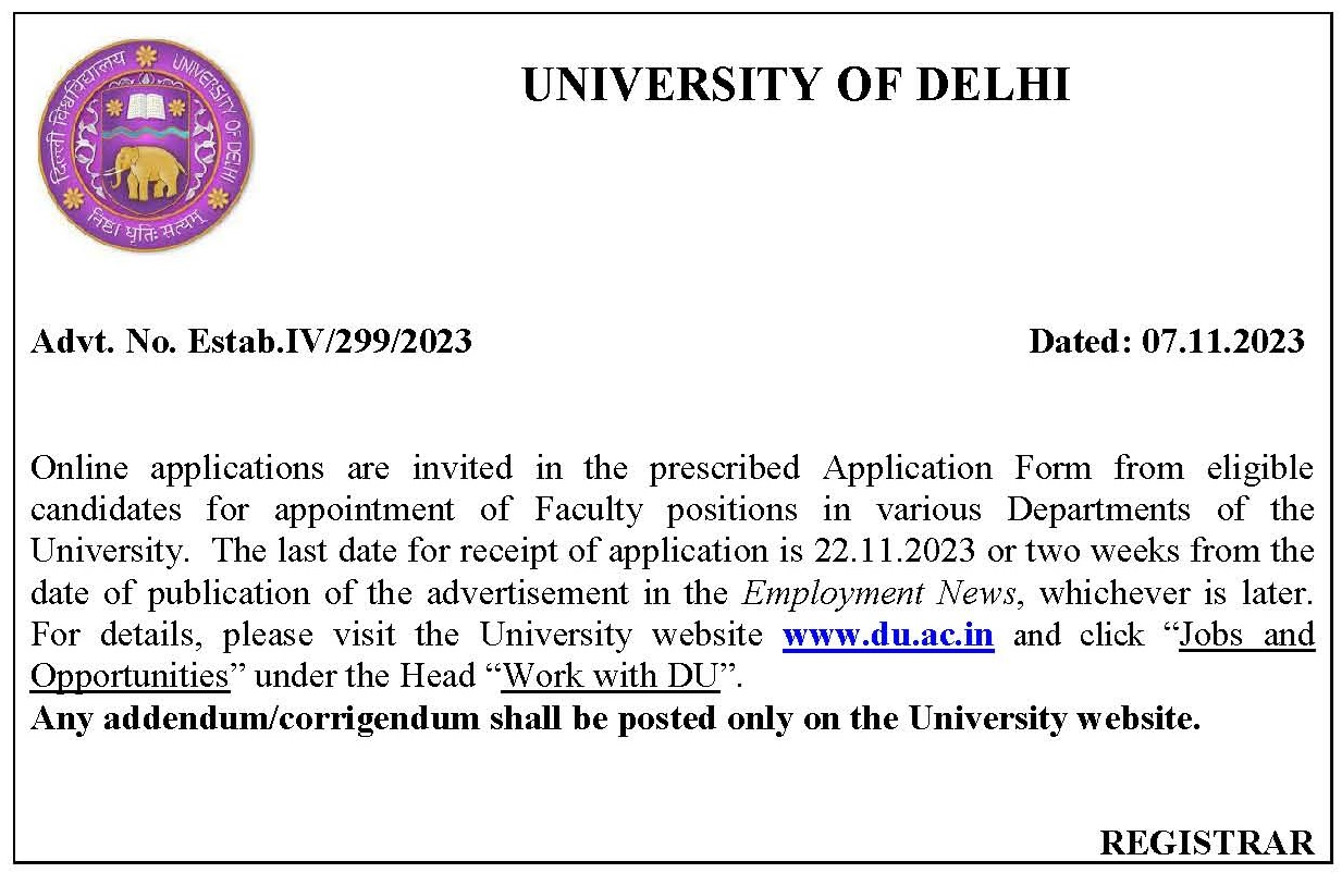 DU Recruitment 2024 Assistant Professor Apply Online
